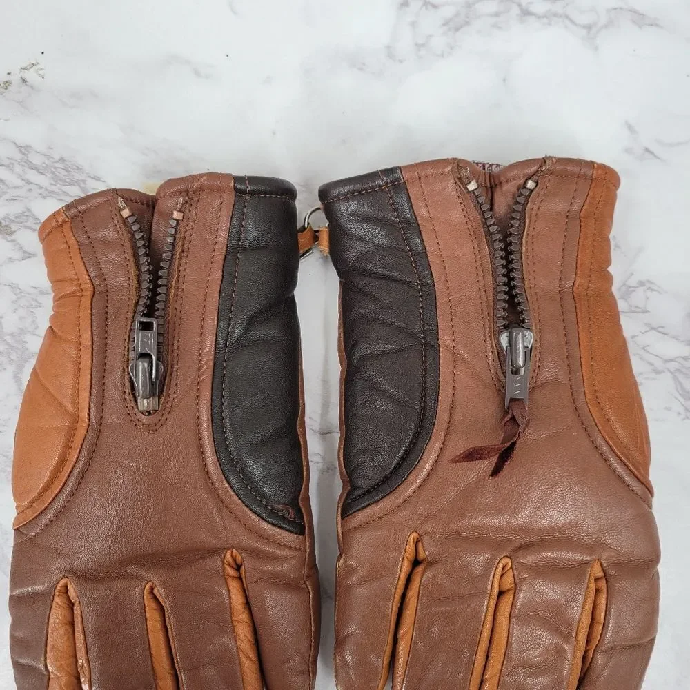 Aris Ski Gloves Vintage Brown Leather Lined Women's Medium